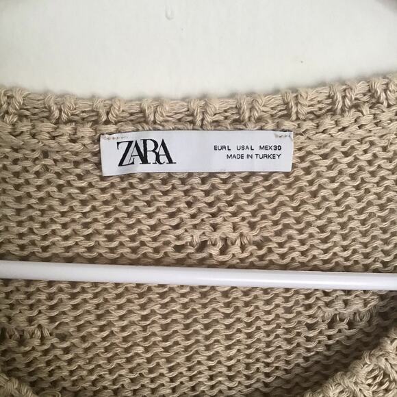 ZARA Knit Crochet Sweater Pom Pom Beige Cottagecore Sz L - Picture 3 of 8